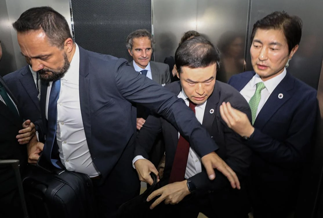 The arrival of Rafael Grossi, director general of the International Atomic Energy Agency, at Seoul’s Gimpo Airport was met with protests, local media reported. (Yonhap/AFP)