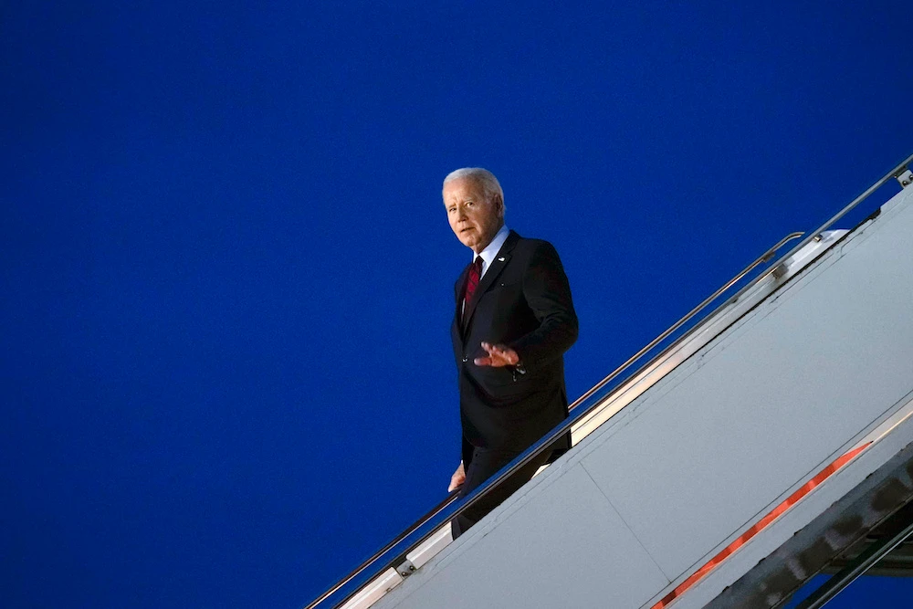 Air Force One carrying US President Joe Biden arrives at Stansted Airport in England on Sunday, as the president makes a visit to the UK on his way to a NATO summit in Lithuania. (AP)