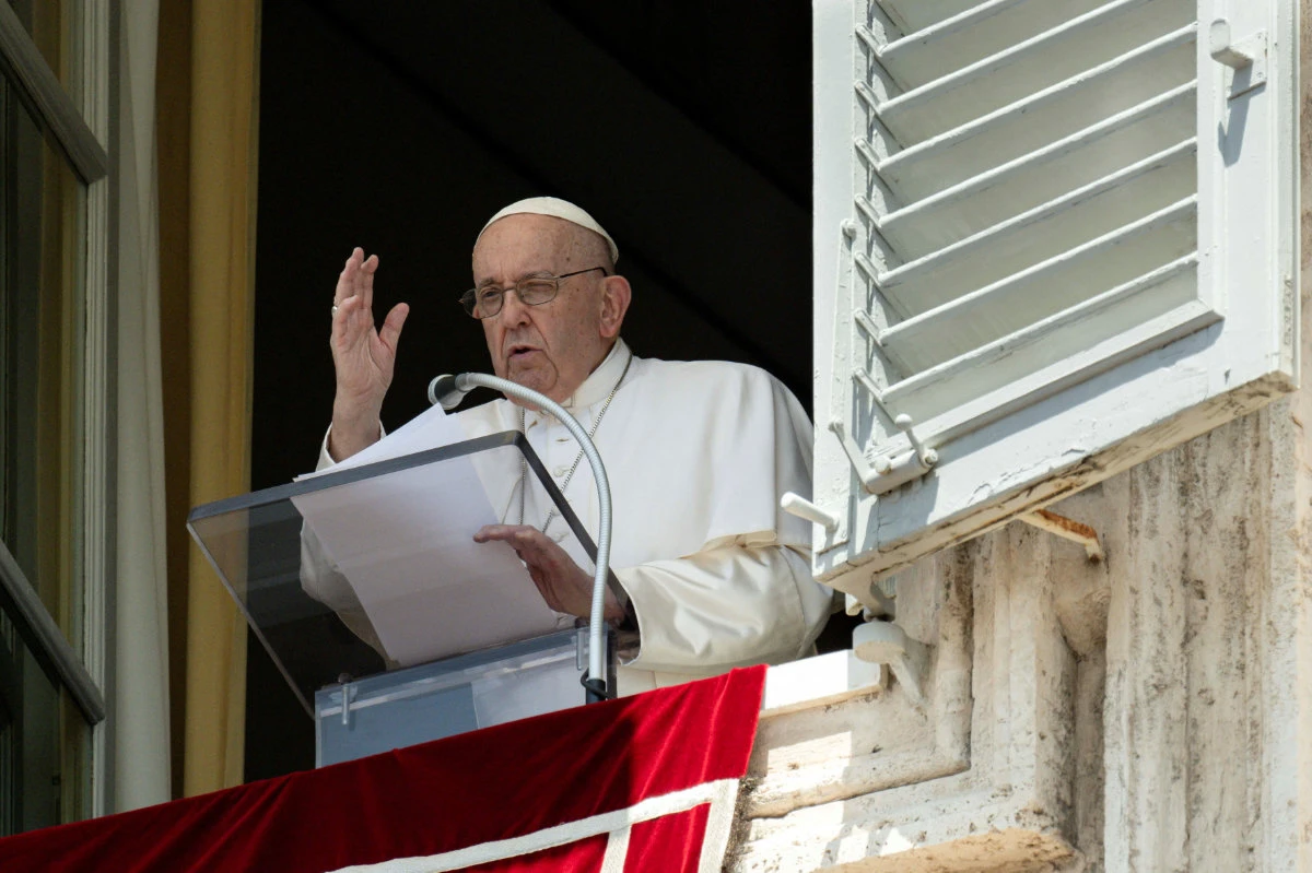 Pope Francis leads the Angelus prayer from his window at the Vatican on July 9, 2023. (Vatican Media/Handout via Reuters)