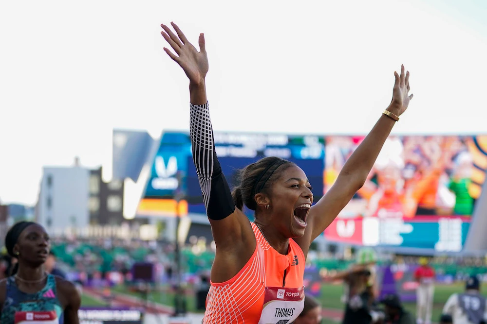 Gabby Thomas reacts after winning the women’s 200 meters final during the US track and field championships in Eugene, Oregon Sunday. (AP)
