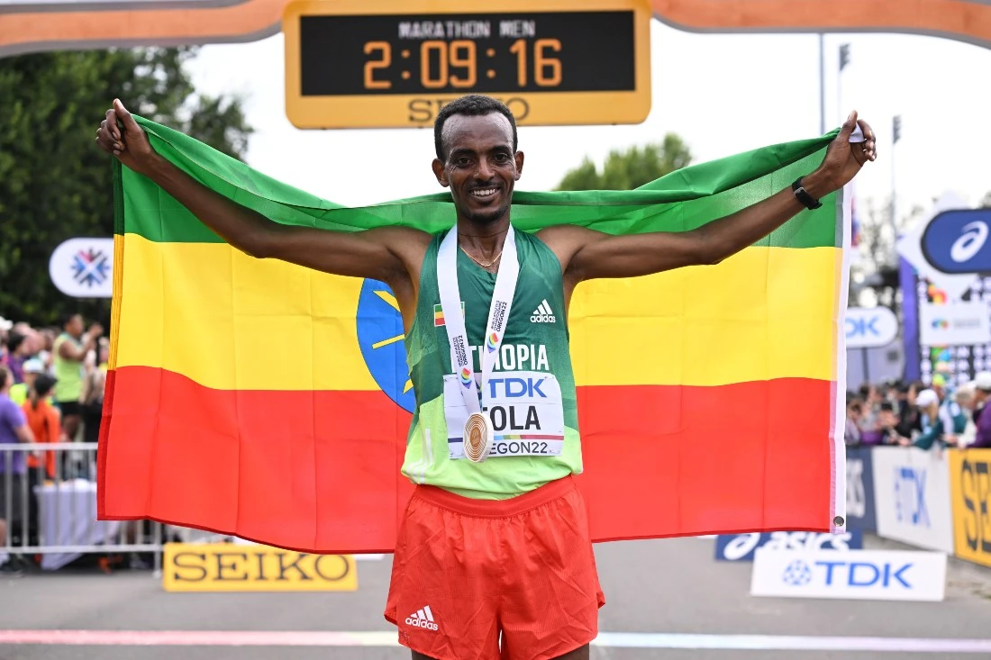 Ethiopia's Tamirat Tola after winning the men's marathon final during the World Athletics Championships in Eugene, Oregon on July 17, 2022. Tola will headline an elite field for the Sydney Marathon set for Sept. 17, 2023. (File/AFP)