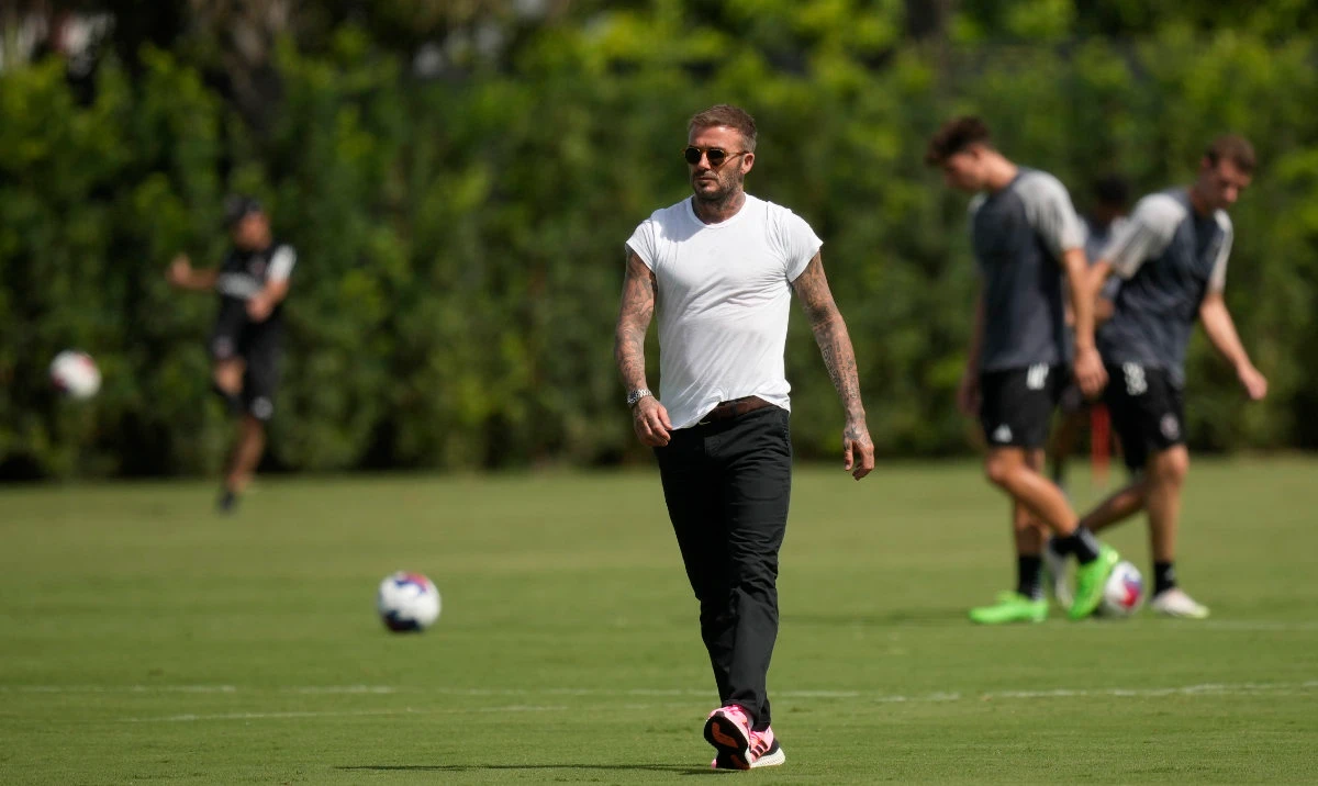 Inter Miami team co-owner David Beckham at the end of a training session for the MLS soccer team Wednesday in Fort Lauderdale, Fla. Soccer superstar Lionel Messi is expected to make his debut with the team in a match on July 21, after an introductory event on July 16. (AP)