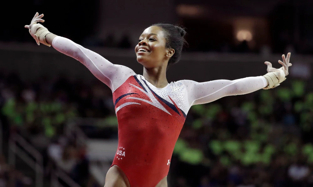 Gabrielle Douglas during the women's US Olympic gymnastics trials in San Jose, Calif., on July 10, 2016. Douglas, the first Black woman to win the Olympic all-around gymnastics title, is taking aim at the 2024 Games in Paris. (File/AP)