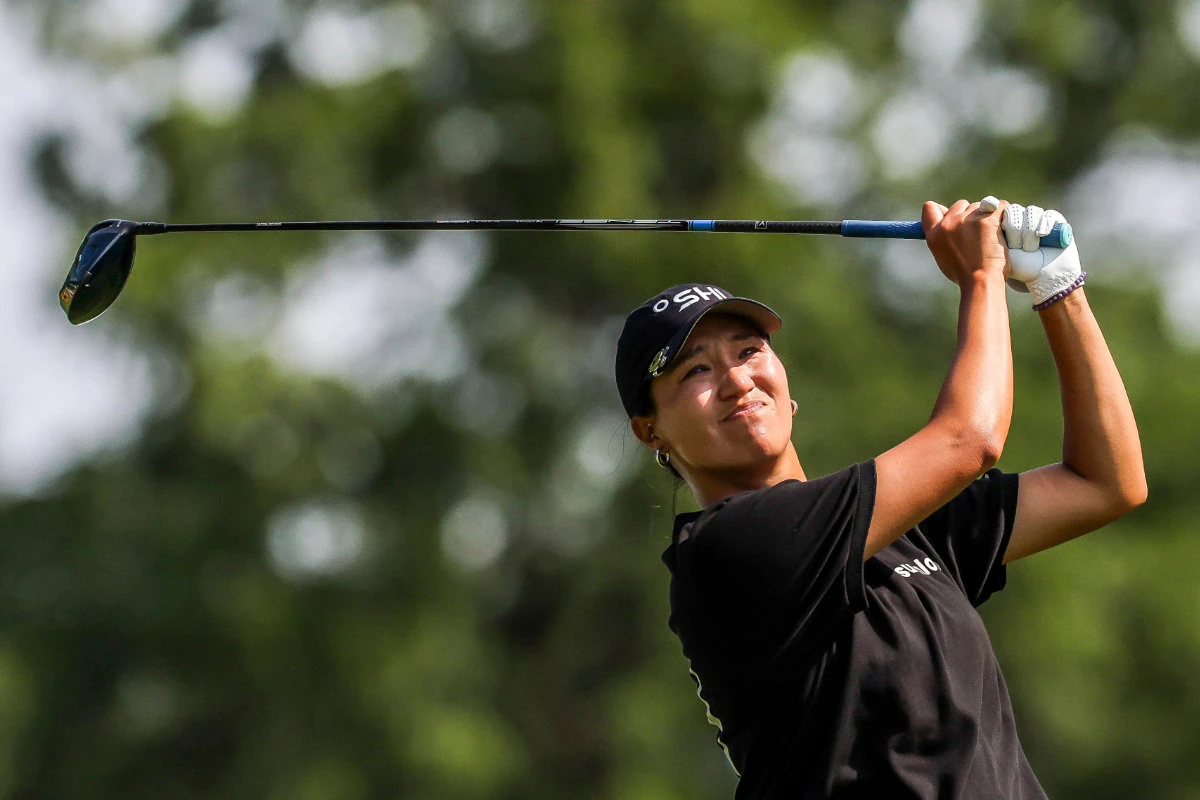 Annie Park tees off from the fifth hole during the second round of the the LPGA Dana Open golf tournament on Friday in Sylvania, Ohio. (The Blade via AP)