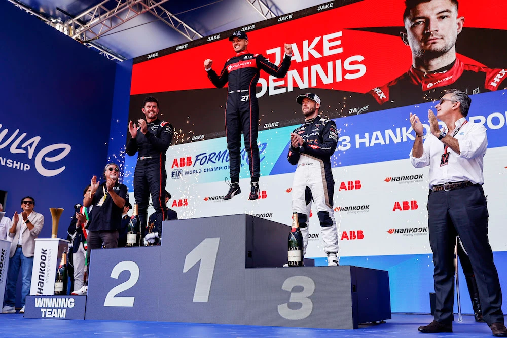 Jake Dennis of Avalanche Andretti Formula E takes top pace on the podium at Rome E-Prix. (Formula E)
