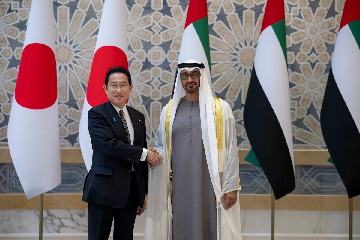 Japanese Prime Minister Fumio Kishida is greeted in the UAE’s capital Abu Dhabi on Monday by President Sheikh Mohamed bin Zayed. (WAM)