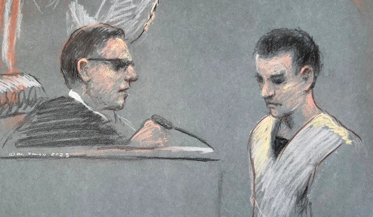 This artist depiction shows Massachusetts Air National Guardsman Jack Teixeira, right, appearing in U.S. District Court in Boston, April 14, 2023. (AP)