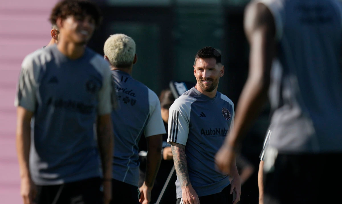 Lionel Messi, center, participates in a training session for the Inter Miami MLS soccer team Tuesday in Fort Lauderdale, Fla. (AP)