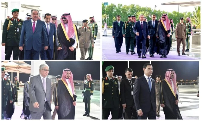 The photo collage shows presidents of Tajikistan, Uzbekistan, Kazakhstan, and Turkmenistan arrive in Jeddah, Saudi Arabia on July 18, 2023. (SPA)