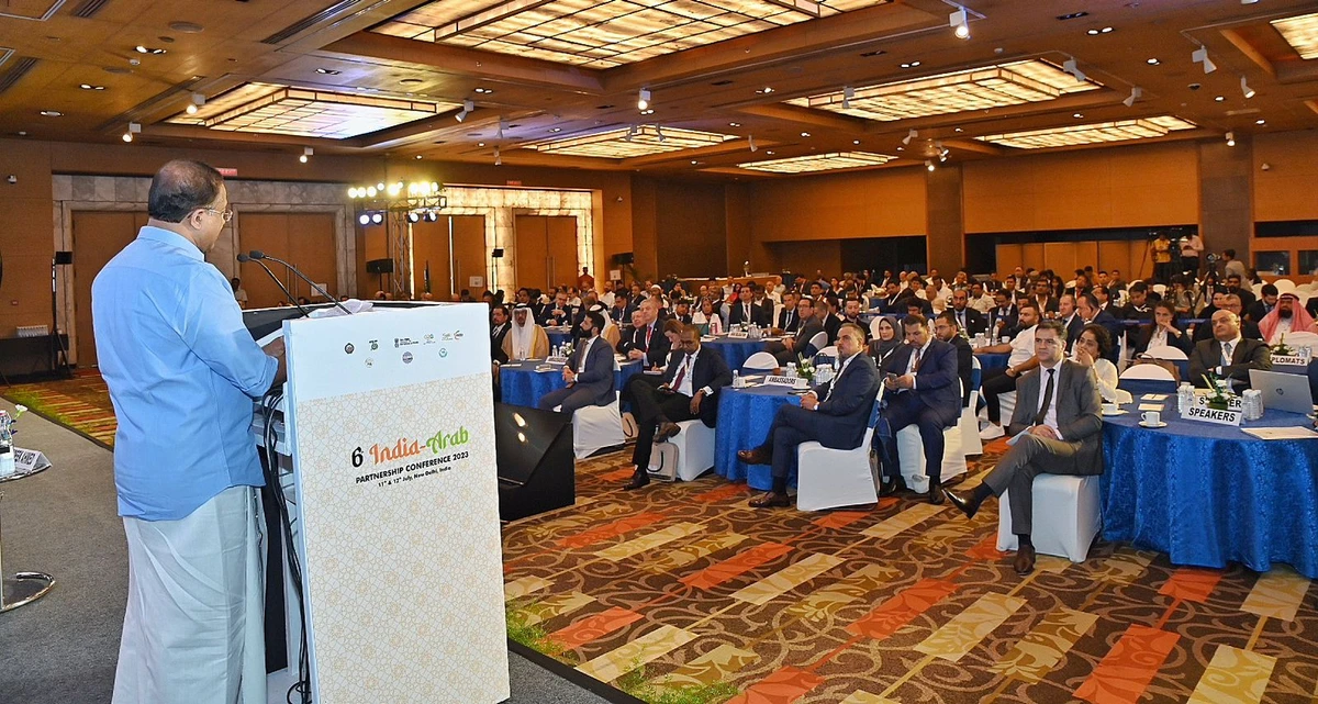 India’s Minister of State for External Affairs addresses sixth India-Arab Partnership Conference in New Delhi. (Twitter/@MOS_MEA)