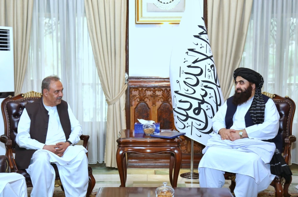 Pakistan’s special envoy for Afghanistan Asif Durrani and Afghan Foreign Minister Mawlawi Amir Khan Muttaqi meet in Kabul on July 19, 2023. (Afghanistan Ministry of Foreign Affairs)