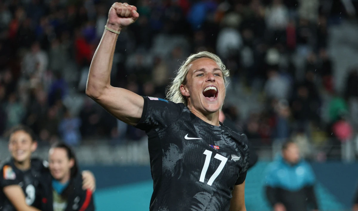 New Zealand’s forward #17 Hannah Wilkinson celebrates her team winning 2023 Women’s World Cup Group A football match against Norway at Eden Park in Auckland on July 20, 2023. (AFP)