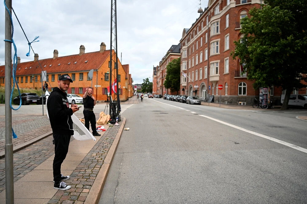 Protesters from the “Danish Patriots” demonstrate in front of the Iraqi embassy in Copenhagen, Denmark on July 24, 2023. (Reuters)