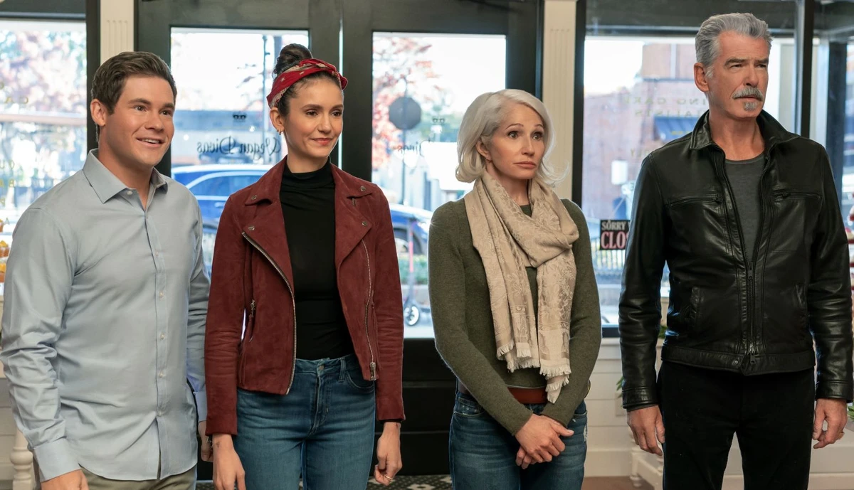 Adam DeVine, Nina Dobrev, Ellen Barkin and Pierce Brosnan in ‘The Out-Laws.’ (Netflix)