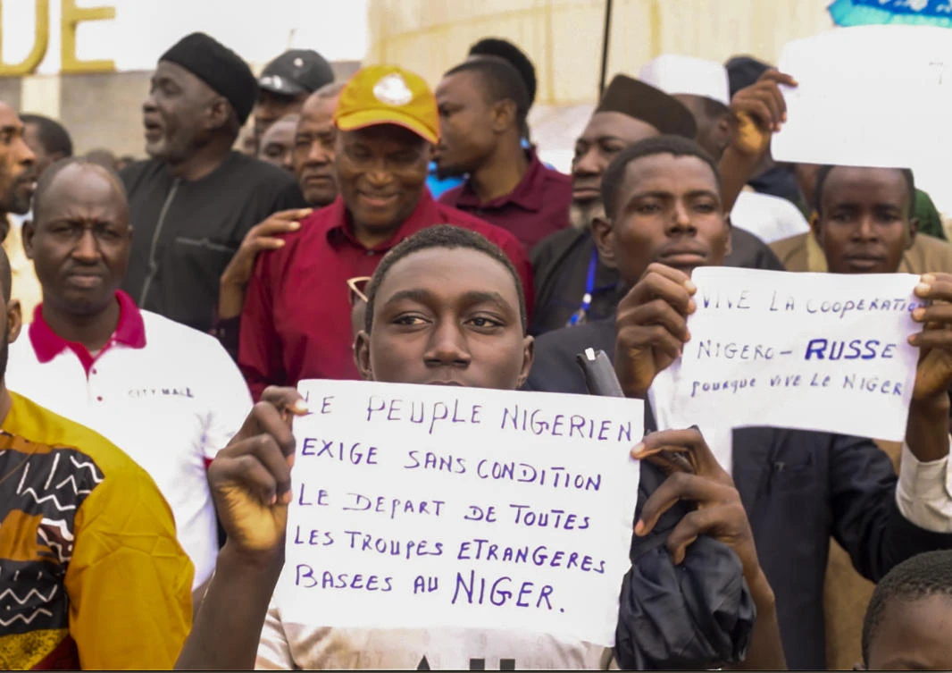 Supporters of mutinous soldiers demonstrate in Niamey, Niger, on July 27 2023. (AP)
