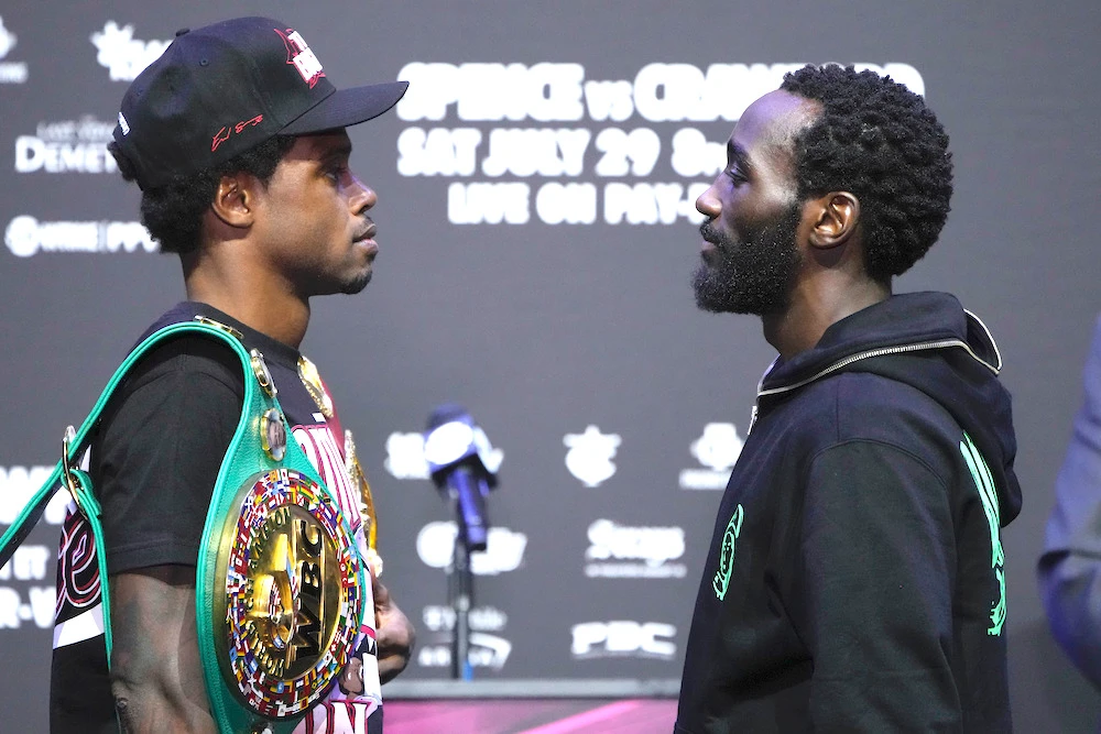 Errol Spence Jr., left, and Terence Crawford are scheduled to fight in an undisputed welterweight championship boxing match Saturday in Las Vegas. (AP)