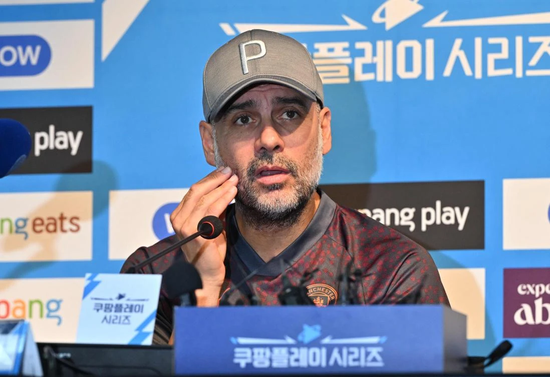 Manchester City’s head coach Pep Guardiola speaks during a press conference at the Seoul World Cup Stadium in Seoul on July 29, 2023, on the eve of their friendly against Atletico Madrid. (AFP)
