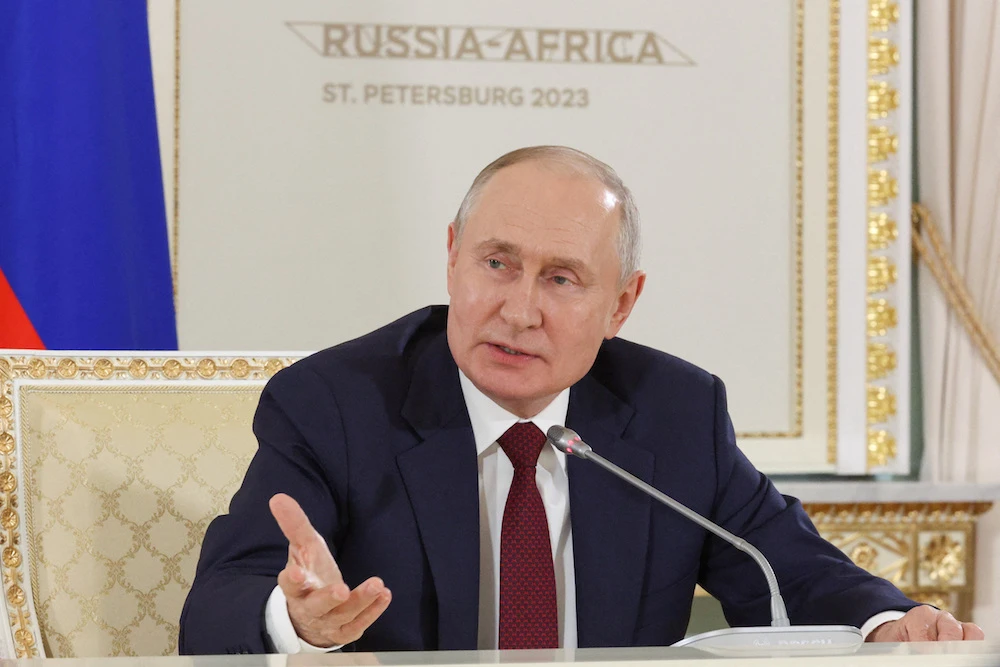 Russia’s President Vladimir Putin speaks during a press conference following the Russia-Africa summit in Saint Petersburg, Russia, July 29, 2023. (Reuters via TASS)
