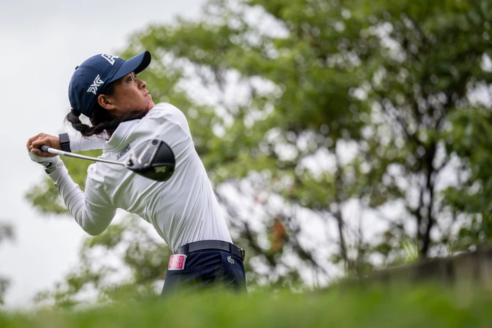 France's Celine Boutier in action during the third round at the Evian Championship, a women's LPGA major golf tournament in Evian-les-Bains, French Alps, on Saturday. (AFP)