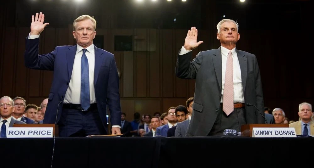 PGA Tour officials Ron Price and Jimmy Dunne at a Senate hearing on the PGA Tour-LIV Golf merger, July 11, 2023. (AP Photo)