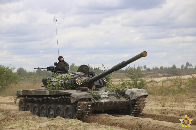 A Belarusian tank rolls during the weeklong maneuvers with Russia's Wagner mercenary fighters that will be conducted at a firing range near the border city of Brest, Belarus on July 20, 2023. (AP/File)
