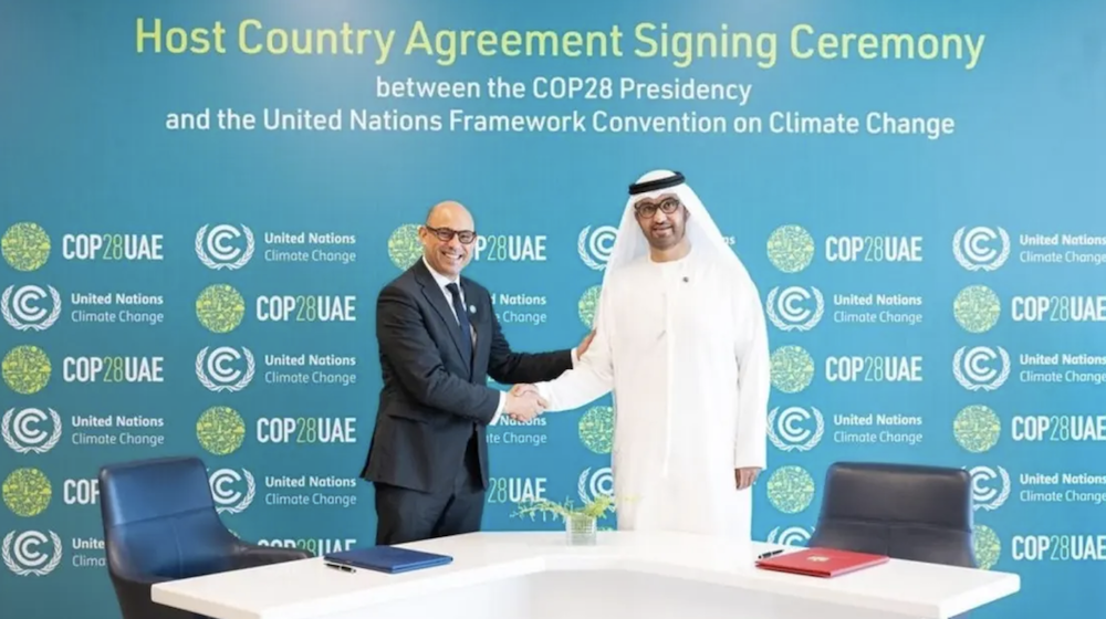 The COP28 presidency and the UN Framework Convention on Climate Change officially signed the host country agreement during a meeting in Abu Dhabi on Tuesday. (WAM)