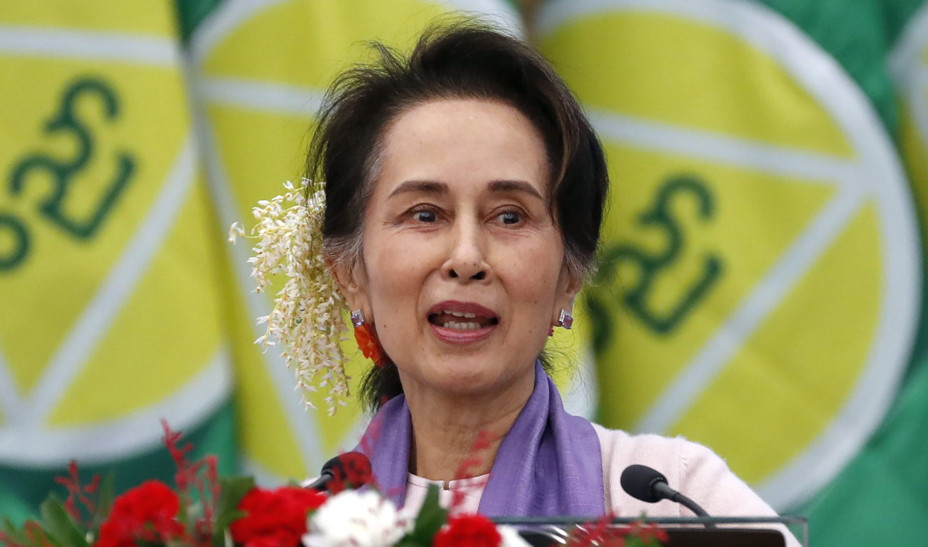 Myanmar’s then leader Aung San Suu Kyi delivers a speech in Naypyitaw, Myanmar, on Jan. 28, 2020. (AFP/File)