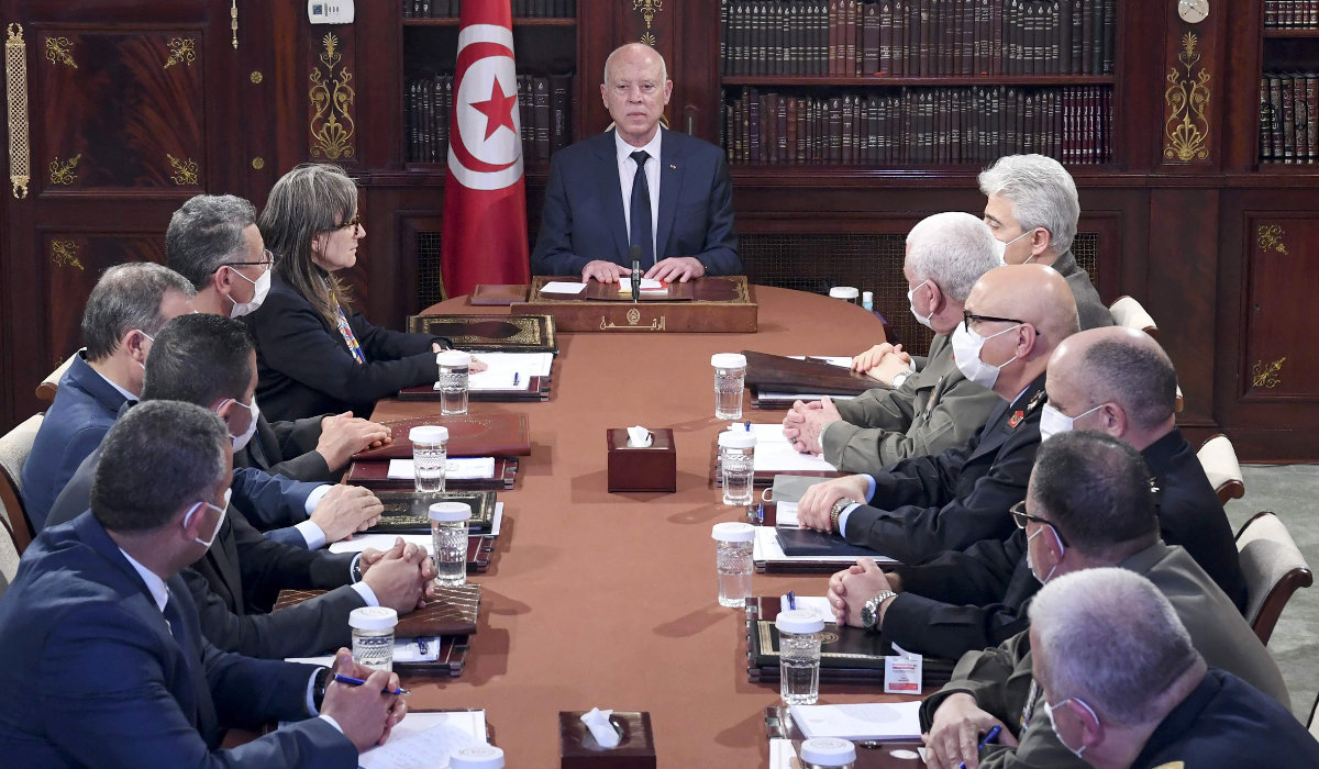 A handout picture provided by the Tunisian Presidency Press Service shows Tunisian President Kais Saied chairing the National Security Council on March 30, 2022 at the Carthage Palace. (AFP file photo)