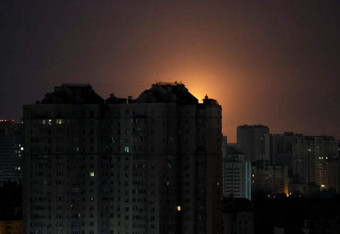 An explosion of a drone is seen in the sky over the city during a Russian drone strike. (REUTERS)