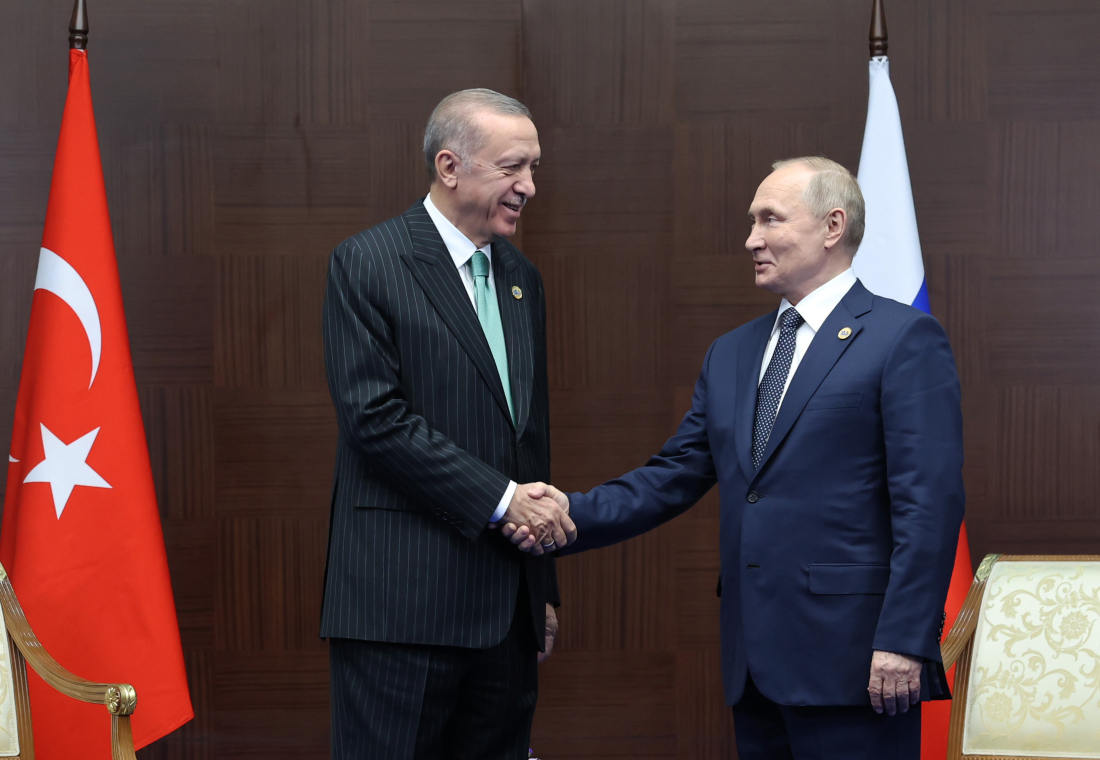 Turkish President Recep Tayyip Erdogan's meeting with Russian President Vladimir Putin on the sidelines of the Conference on Interaction and Confidence Building Measures in Asia in Astana last year. (File/AFP)
