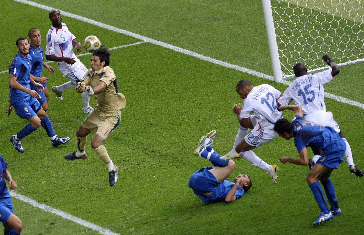 Italian goalkeeper Gianluigi Buffon (C) saves a ball during the World Cup 2006 final football game Italy vs. France on July 9, 2006 at Berlin stadium. The legendary goalkeeper announced retirement on social media on Aug. 2, 2023. (AFP)