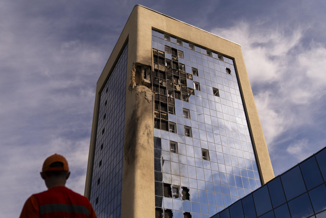 A damaged government building in Kyiv, Ukraine on Aug. 2, 2023, following Russian drone attacks. (AP)