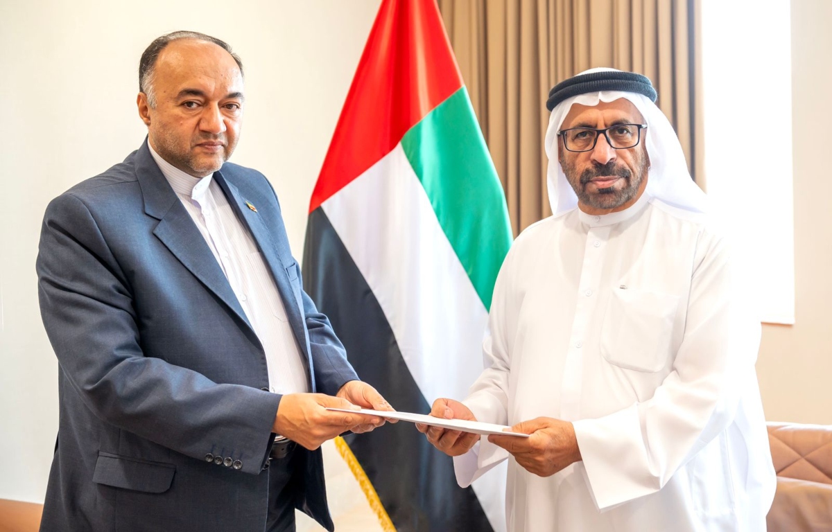 UAE’s minister of state, Khalifa Almarar and ambassador of Iran to the UAE, Reza Amiri in Abu Dhabi. (WAM)