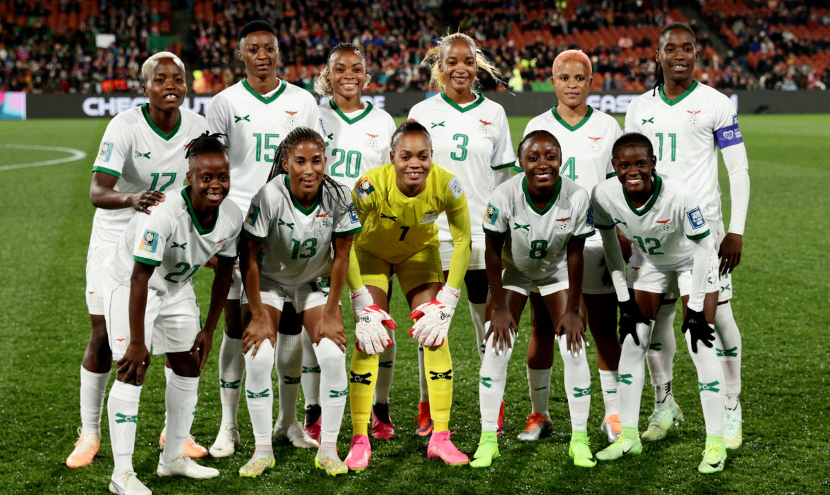 Zambia players pose for a team group photo before the match on July 31, 2023. (Reuters)