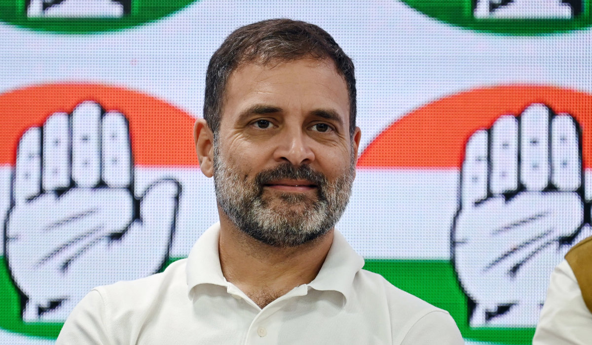 Congress party leader Rahul Gandhi gestures during a media briefing at the party headquarters in New Delhi on August 4, 2023, after the Supreme Courts suspended his defamation conviction. (AFP)