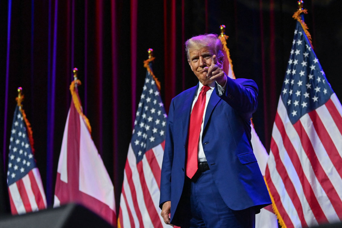 Former US President Donald Trump gestures on stage during the Alabama Republican Party’s 2023 Summer meeting at the Renaissance Montgomery Hotel on August 4, 2023 in Montgomery, Alabama. (Getty Images/AFP)