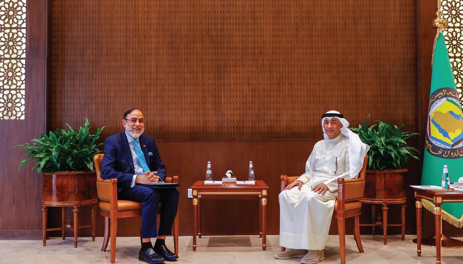 GCC Secretary General Jasem Al-Budaiwi receives Bangladeshi Ambassador Javed Patwary in Riyadh on Aug. 3, 2023. (GCC Photo)
