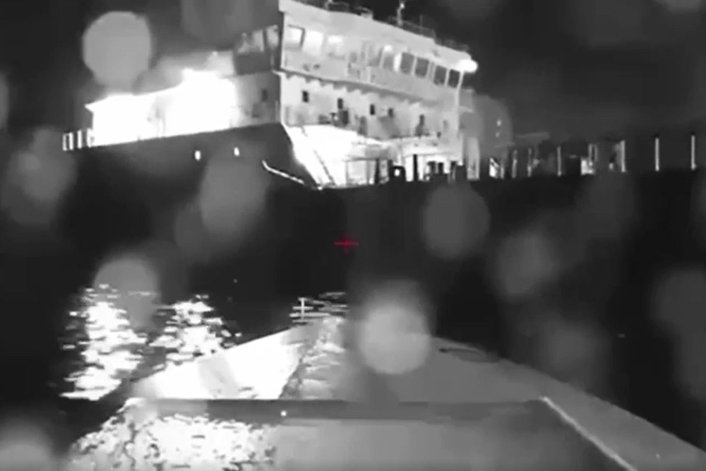 n this image from video made available on Saturday, Aug. 5, 2023, a seaborne drone approaches a Russian tanker on the Black Sea. Ukrainian drones have hit a Russian tanker in the Black Sea near Crimea, according to Russian officials. (AP)