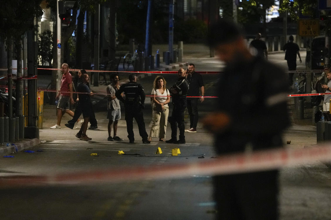 Israeli police inspect the site of a shooting attack in Tel Aviv on Aug. 5, 2023. (AP)