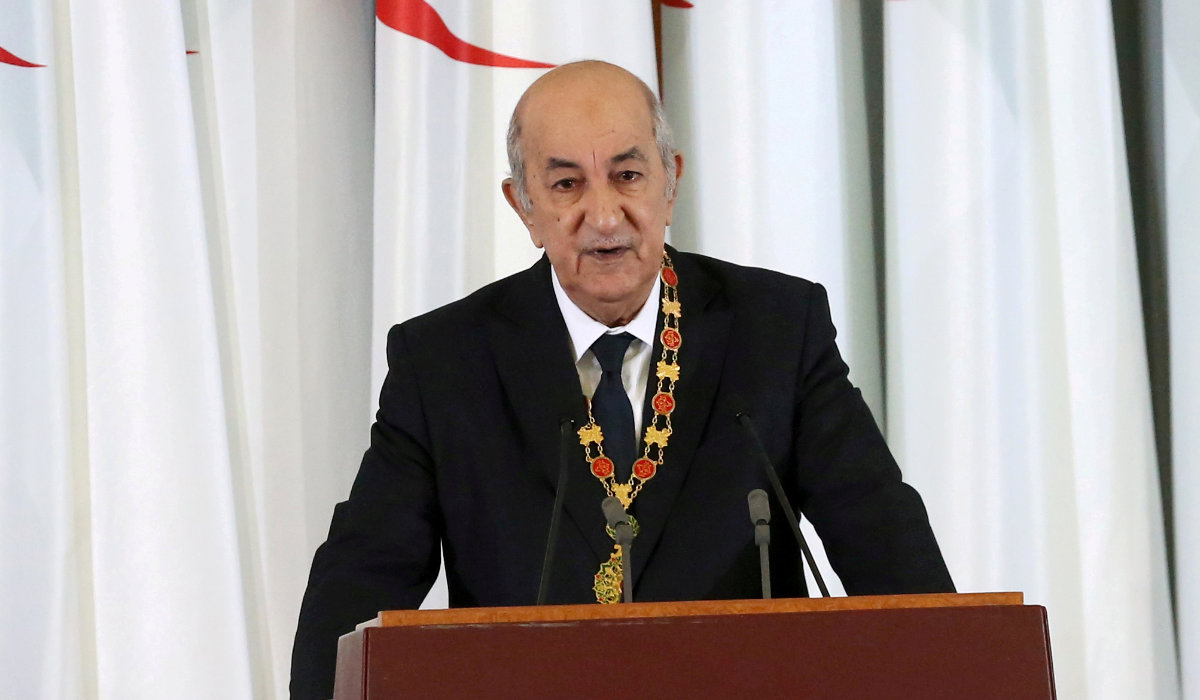 Algerian President Abdelmadjid Tebboune delivers a speech in Algiers, Algeria. (REUTERS)