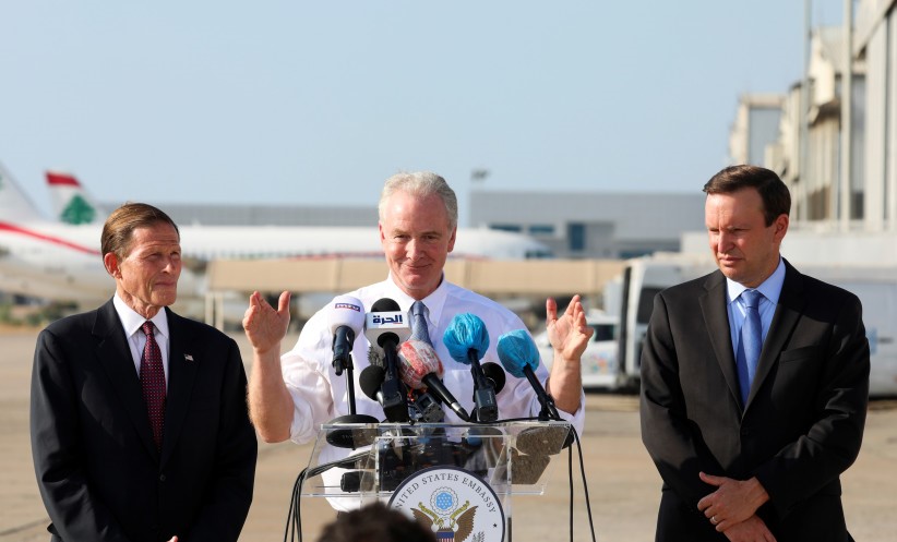 US Senator Chris Van Hollen addresses the press at Beirut International Airport, Beirut, Lebanon, Sept. 1, 2021. (Reuters)