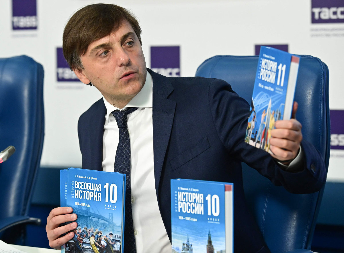 Russian Education Minister Sergei Kravtsov attends a press conference to present a new schoolbook for high school students on general world history and Russian history, mentioning the the country's ongoing military action in Ukraine and the annexation of Crimea in 2014, in Moscow on August 7, 2023. (AFP)