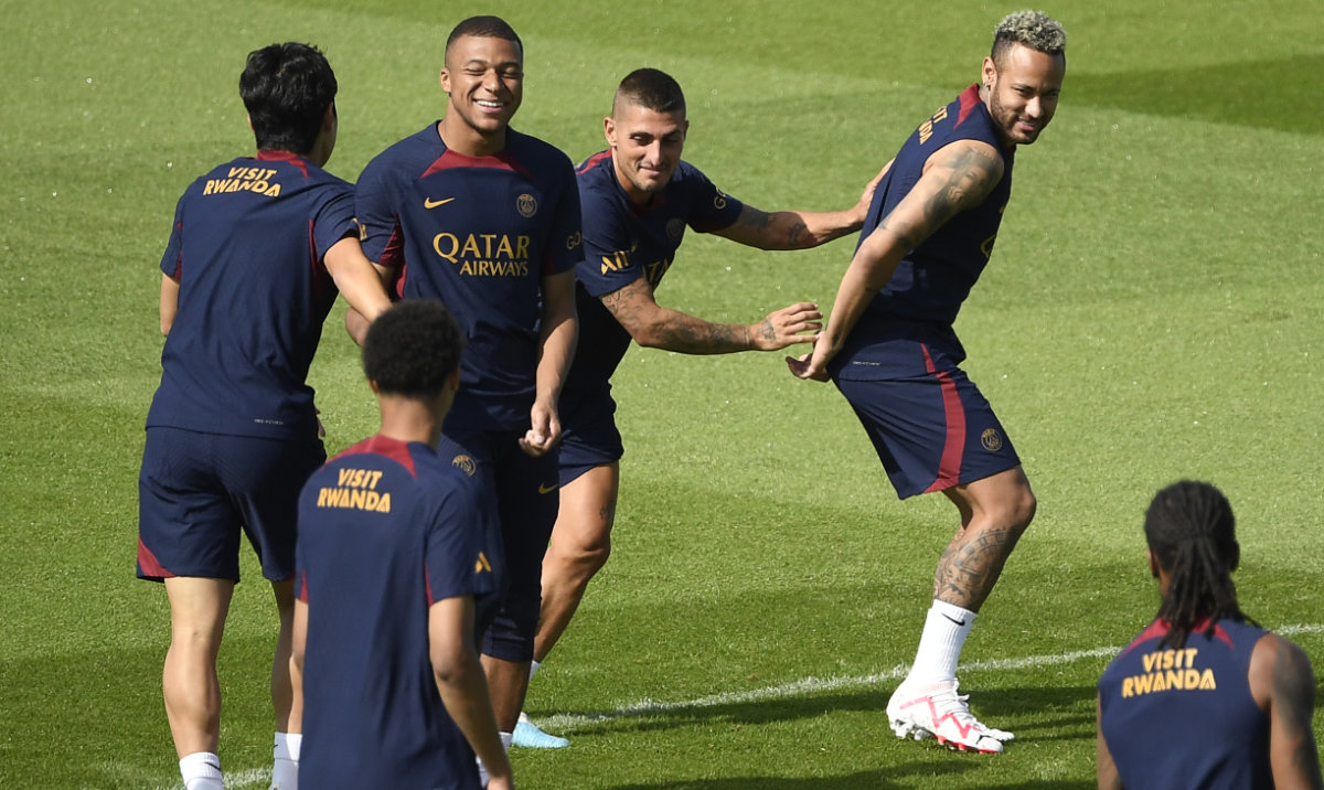 From, left, Paris Saint-Germain's French forward Kylian Mbappe, teammates Italian midfielder Marco Verratti and Brazilian forward Neymar during a training session at the new "campus" of French L1 PSG club at Poissy on July 20, 2023, ahead of the club's Japan tour. (File/AFP)