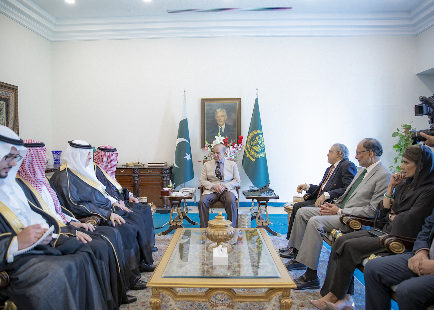 Pakistan’s Prime Minister Shehbaz Sharif receives Saudi Deputy Foreign Minister Waleed Al-Khuraiji in Islamabad on Tuesday. (SPA)