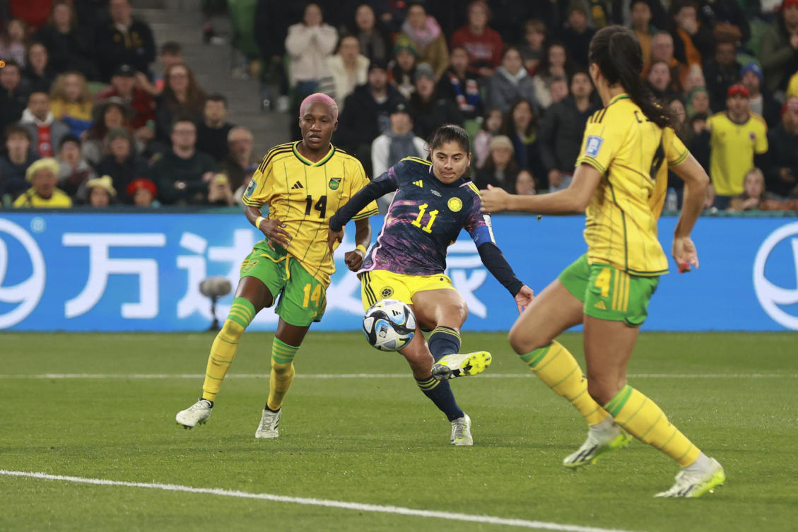 Colombia’s Catalina Usme, center, scores her side’s first goal during their Women’s World Cup round of 16 match against Jamaica in Melbourne on Aug. 8, 2023. (AP)