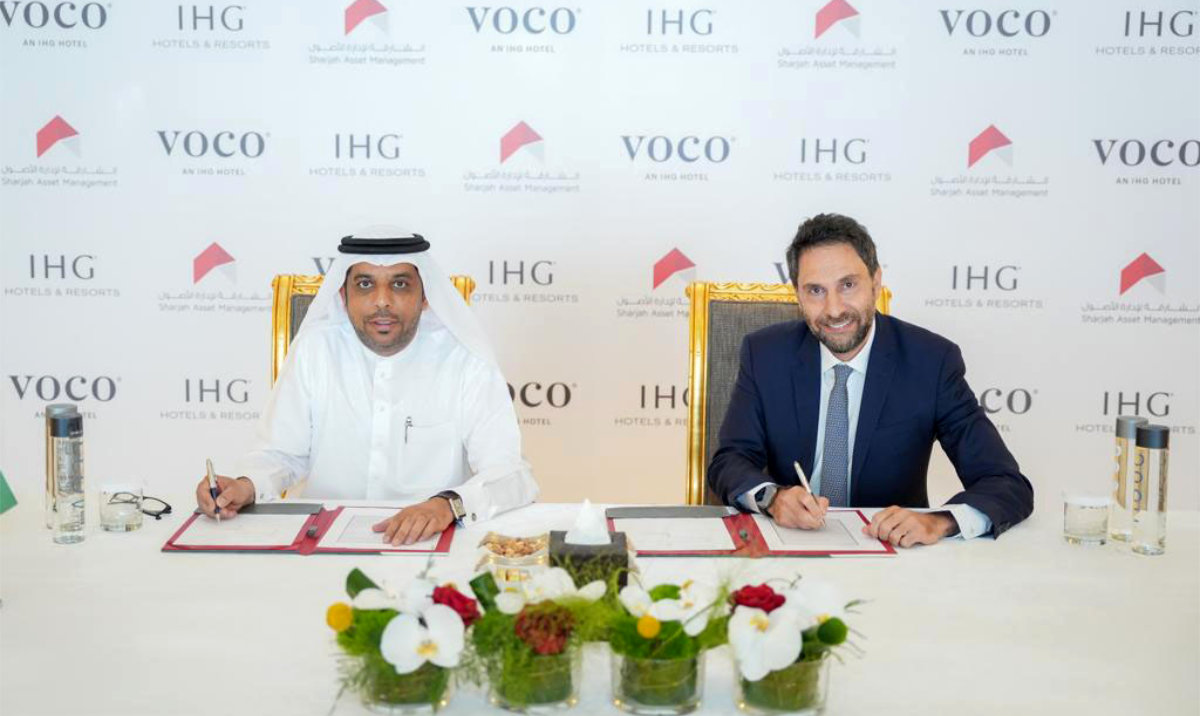 Waleed Al-Sayegh, CEO of Sharjah Asset Management, and Haitham Mattar, managing director, IHG Hotels and Resorts India and MEA, at the signing ceremony.