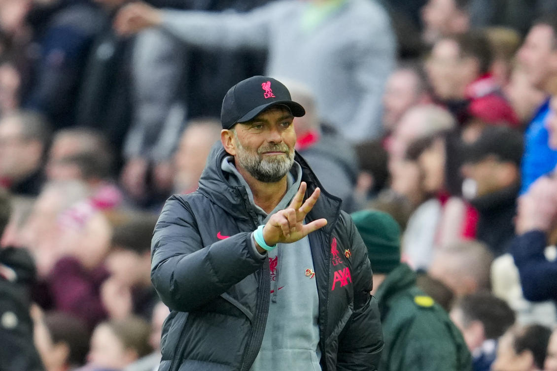 Liverpool’s manager Jurgen Klopp gestures during their English Premier League match against Arsenal at Anfield in Liverpool, England, on Apr. 9, 2023. (AP/File)