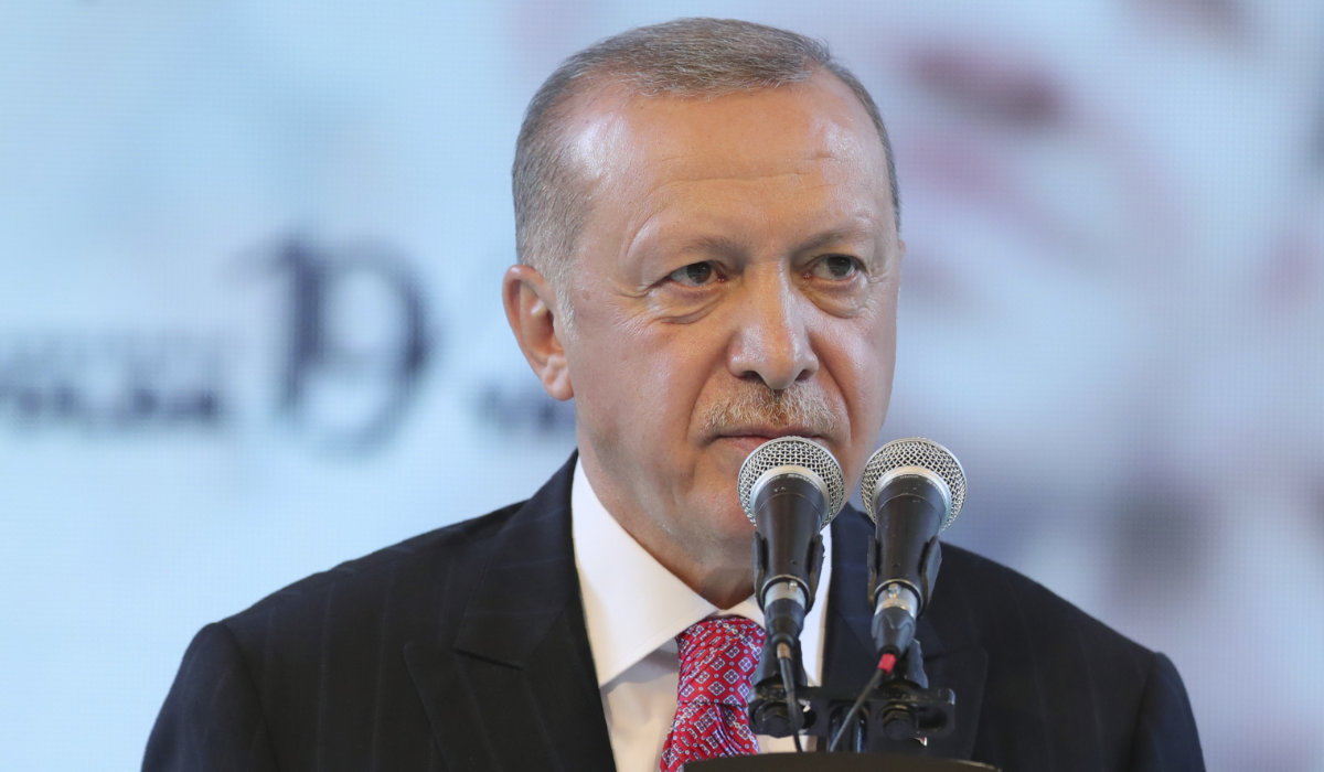 Turkey's President Recep Tayyip Erdogan addresses his party members, in Ankara, Turkey, late Thursday, Aug. 13, 2020. (AP)