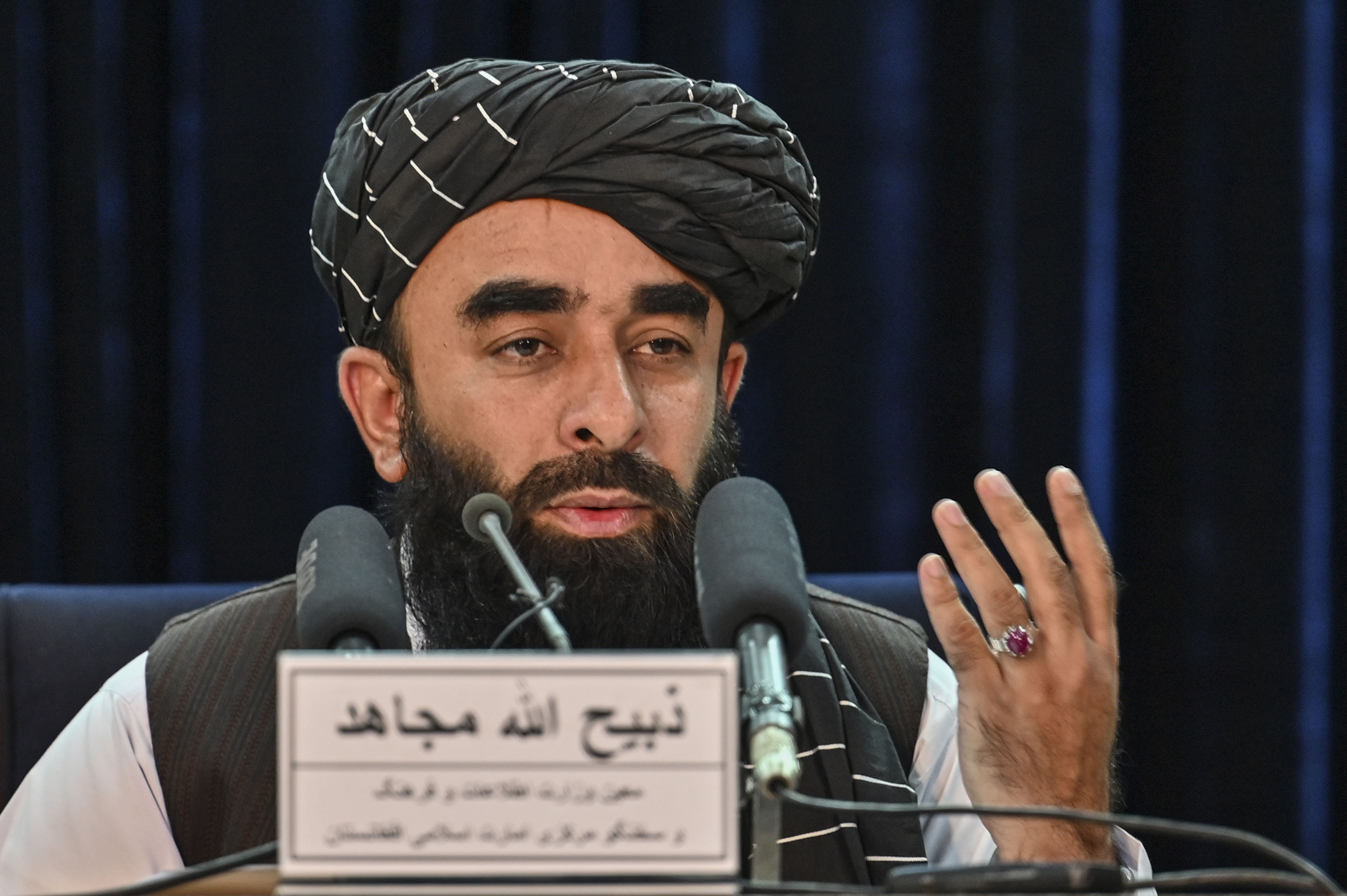 Taliban spokesman Zabihullah Mujahid addresses a press conference at government media and information center in Kabul, Afghanistan on Oct. 30, 2021. (File/AFP)