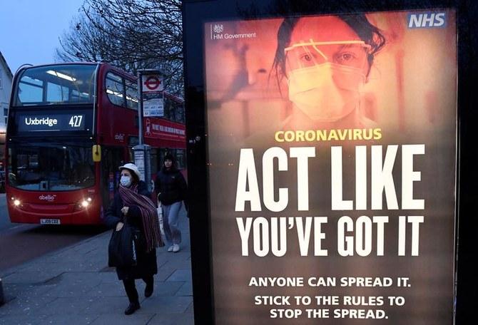 A public health information message at a bus stop in West Ealing, amid the spread of COVID-19, London,UK, February 1, 2021. (File/Reuters)
